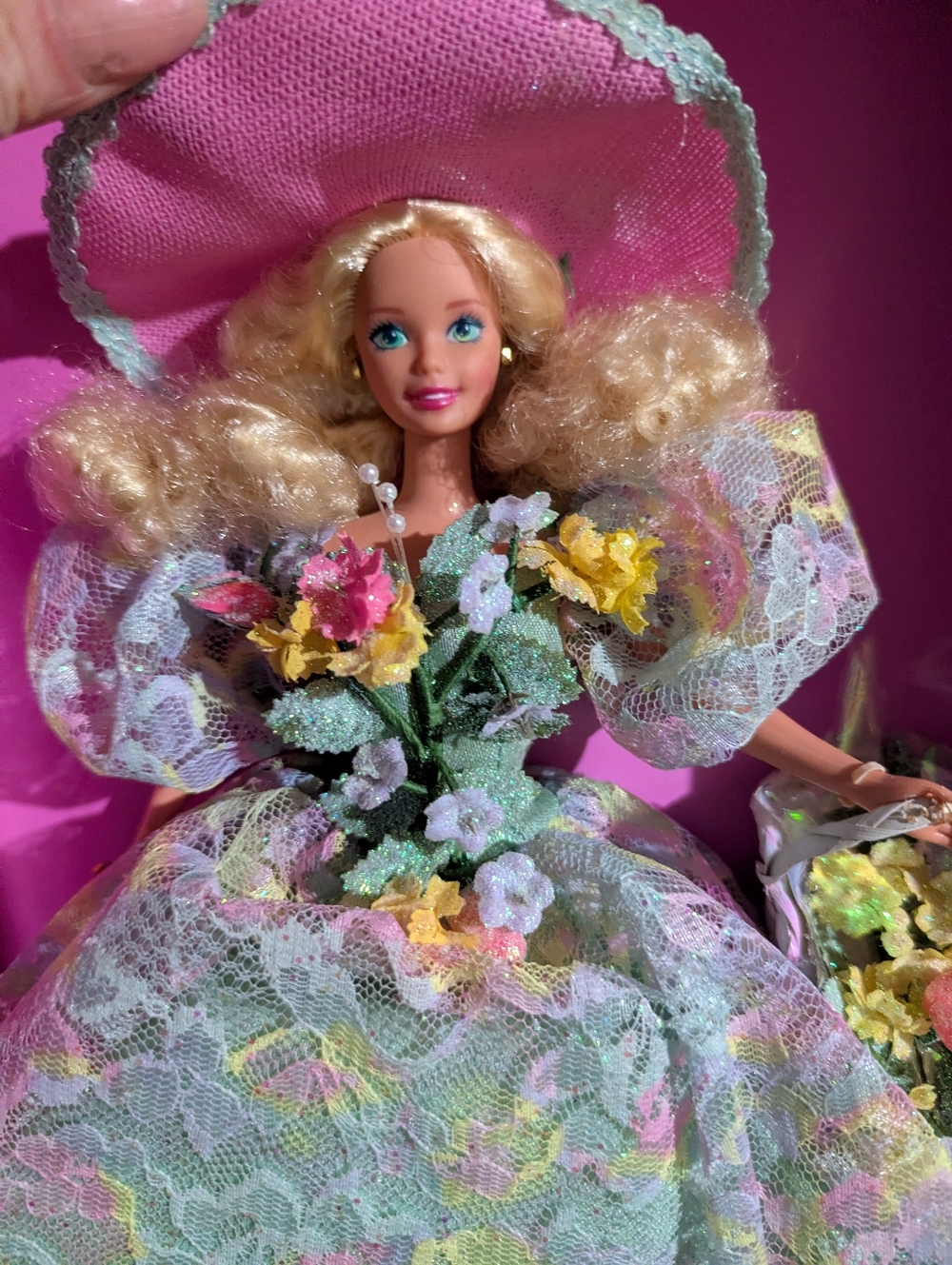 Spring Bouquet Barbie Floral Pink Lace Party Doll Dress Accessory Set Vintage